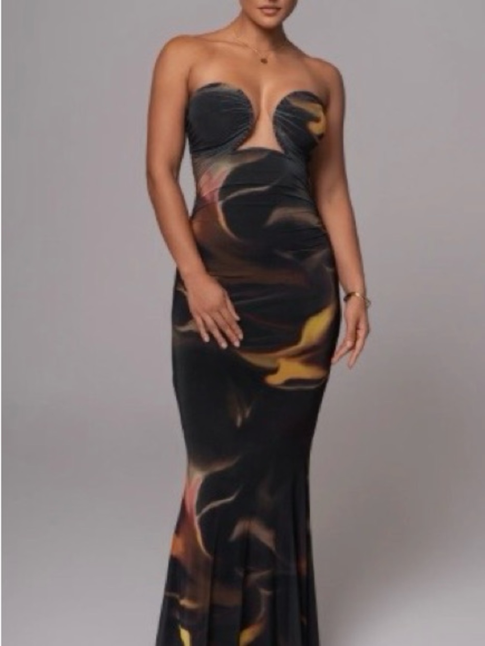 JLUXLABEL Strapless Black Gown with Yellow and Brown Swirl Accents